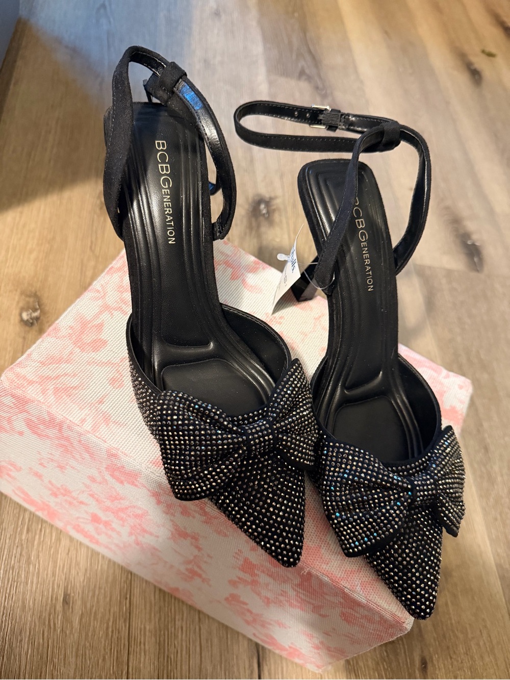BCBGeneration Black Rhinestone Bow Pointed-Toe Slingbacks